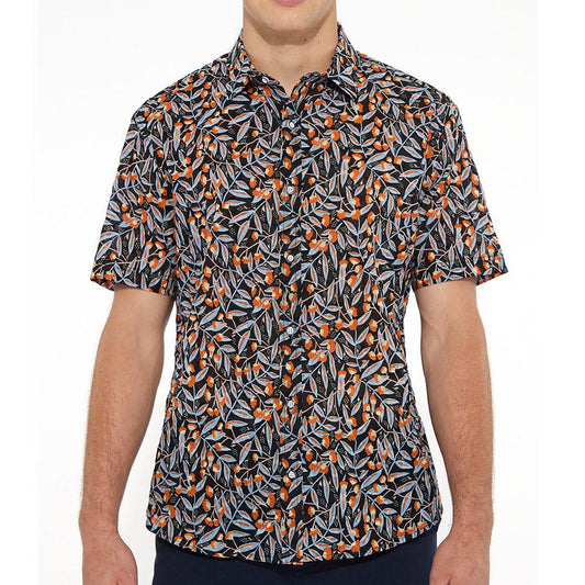 Black/Orange Foliage Cotton Seersucker Woven Short Sleeve Shirt by Postmarc (PM-14104)